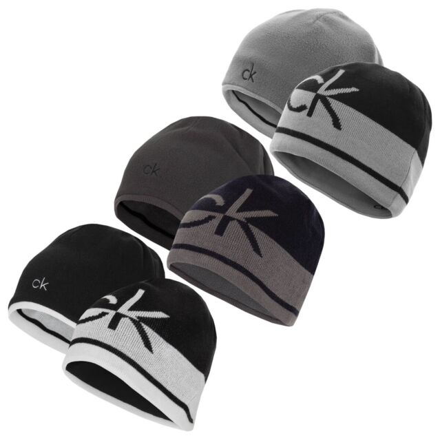 Calvin Klein Mens 2025 CK Logo Reversible Striped Knit Beanie Hat
