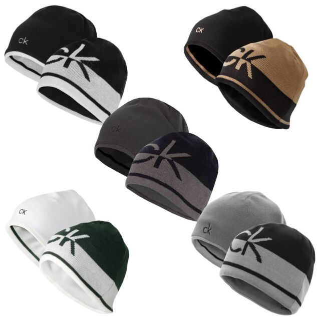 Calvin Klein Mens 2026 CK Logo Reverisible Striped Knit Beanie Hat