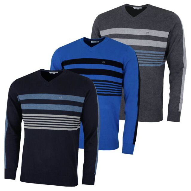 Calvin Klein Mens 2025 V Neck Performance Soft Chest Stripe Sweater