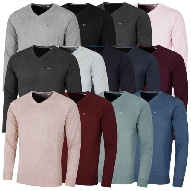 Calvin Klein Mens 2024 V-Neck Soft Cotton Easy Care Golf Sweater