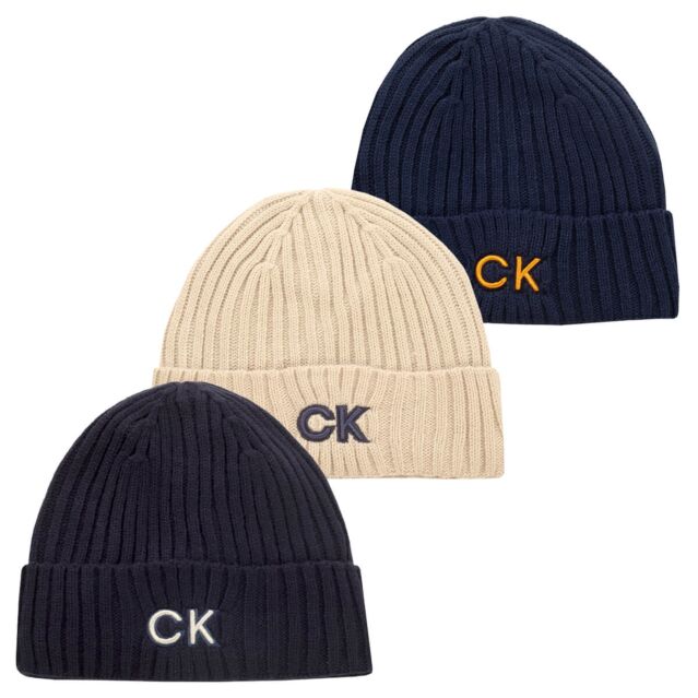 Calvin Klein Mens Ribbed Knit Hem Fleece Lined HD Embroidered Beanie Hat