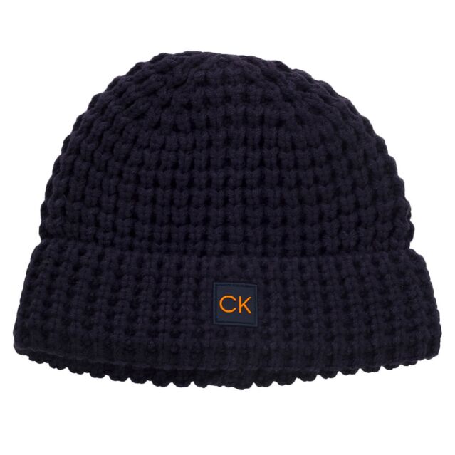 Calvin Klein Mens Chunky Knit Fleece Lined Rubber Badge Logo Beanie Hat