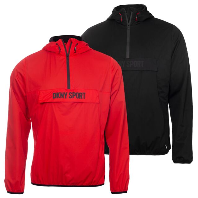 DKNY Mens Westport Hooded Water Repellent Half Zip Windbreaker Jacket