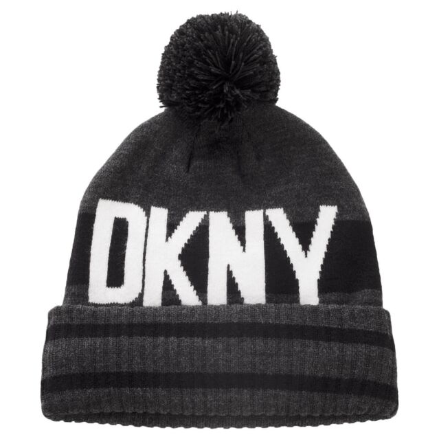 DKNY Mens Wesport Knitted Fleece Lined Varsity Bobble Beanie Hat