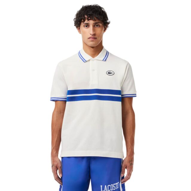 Lacoste Mens 2024 Chest Striped Design Short Sleeved Cotton Polo Shirt
