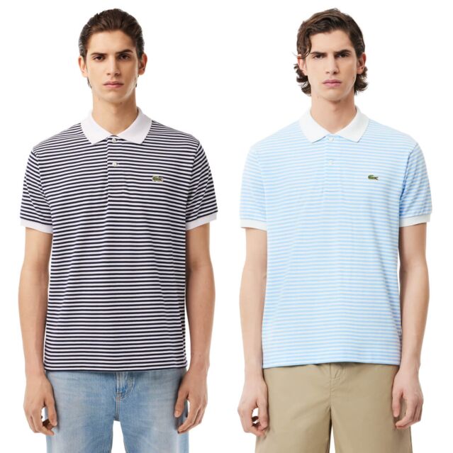 Lacoste Mens Short Sleeves Striped Design Crocodile Logo Polo Shirt