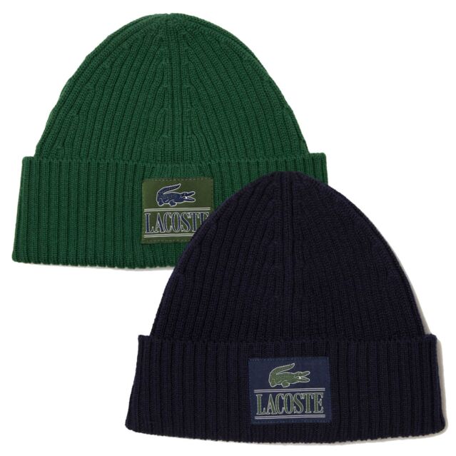 Lacoste Unisex Knitted Wool Crocodile Logo Ribbed Beanie Hat