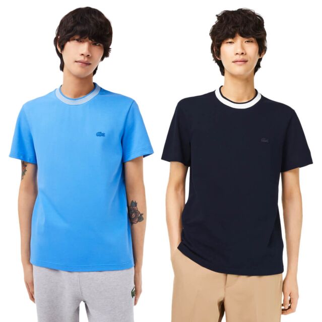 Lacoste Mens TH7282 Stretch Mini Piqué Ribbed Casual Crew Neck T-Shirt