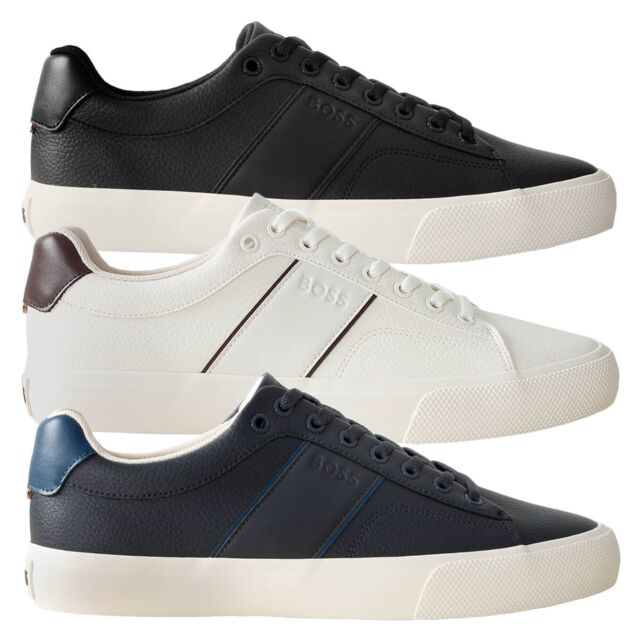 Hugo Boss Mens Aiden Tenn Faux Leather Plain Grained Lace Up Trainers