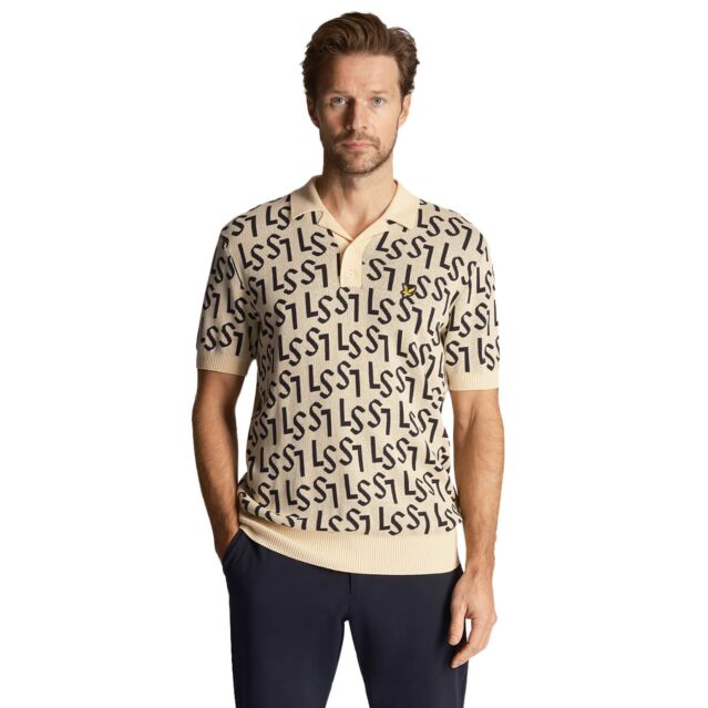 Lyle & Scott Mens Monogram Knitted Ribbed Cuffs Jacquard Polo Shirt