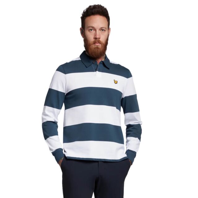 Lyle & Scott Mens Rugby Style Striped Cotton Eagle Logo Golf Shirt