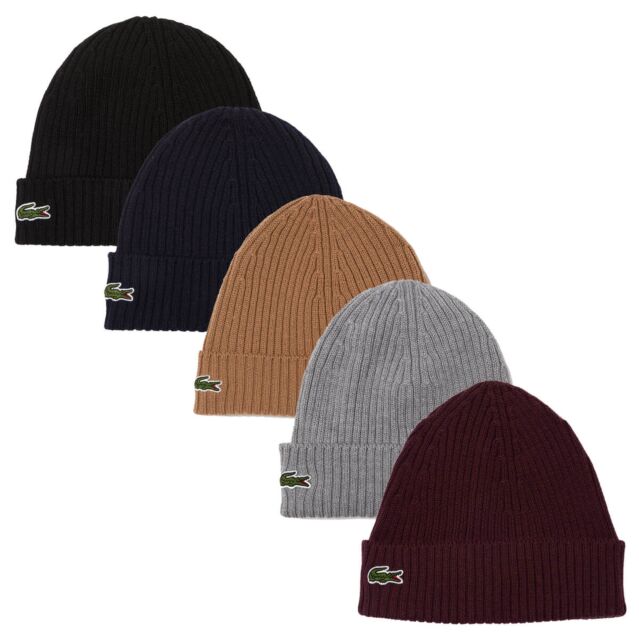 Lacoste Unisex Ribbed Natural Wool Green Crocodile Logo Beanie Hat