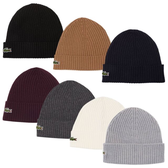Lacoste Mens Ribbed Natural Wool Green Crocodile Beanie Hat