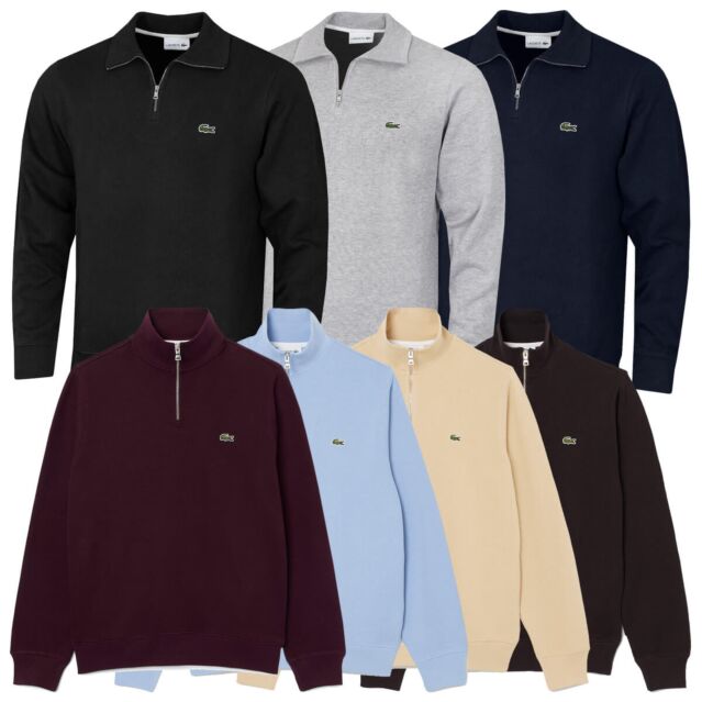 Lacoste Mens Zippered Ribbed Stand-Up Collar Cotton Interlock Sweater