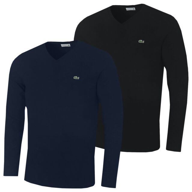 Lacoste Mens TH6711 V-Neck Long Sleeved Jersey Crocodile T-Shirt
