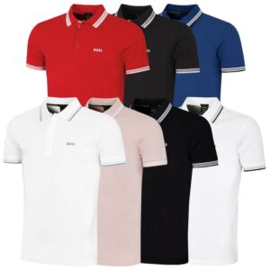 Hugo Boss Mens 2026 Paddy Stripe Collar Cotton Breathable Golf Polo Shirt