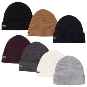 Lacoste Mens Ribbed Natural Wool Green Crocodile Beanie Hat