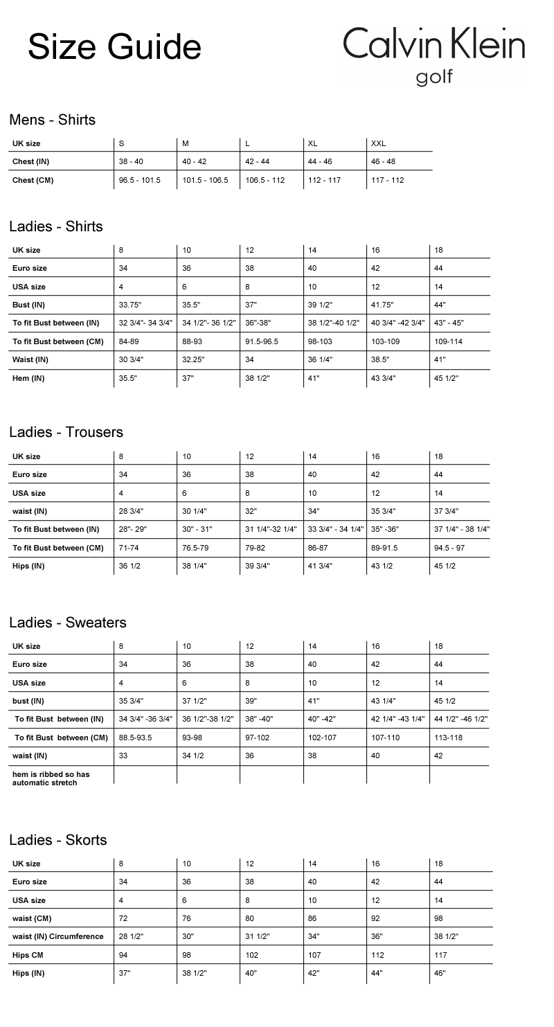 calvin klein underwear size chart