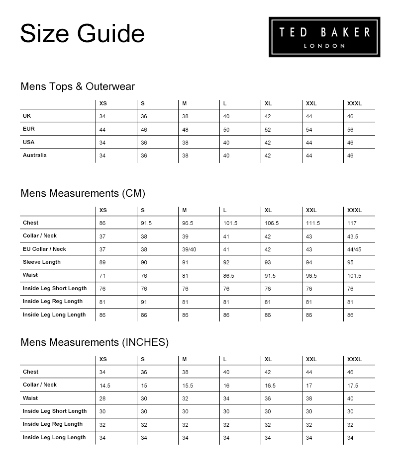 Ted Baker Men's Size Chart