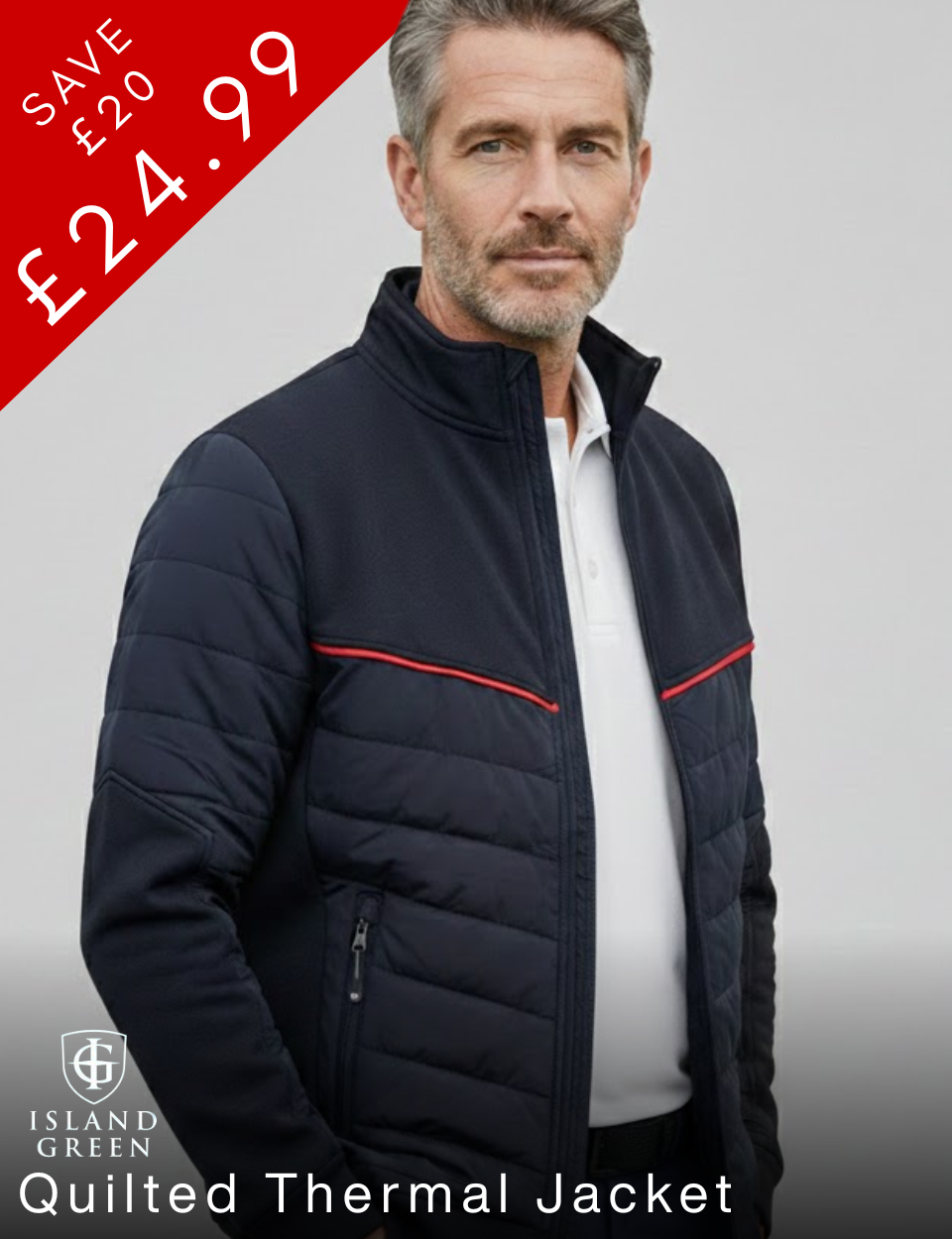 Island Green Mens Full Zip Quilted Thermal Insulated Hybrid Golf Jacket