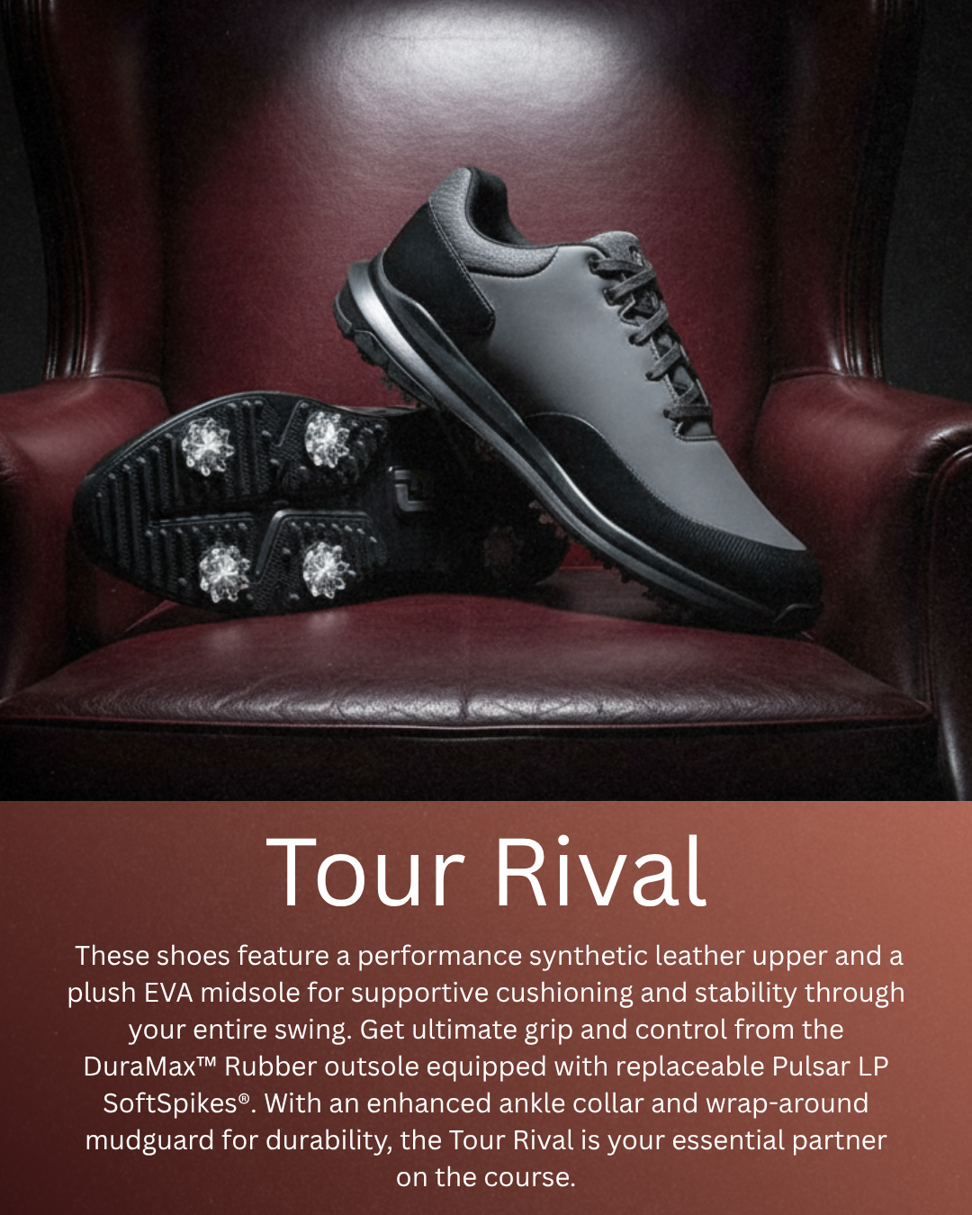 Footjoy FJ Tour Rival Golf Shoes in locker room, engineered for essential performance and comfort with a sporty, ultralight feel.