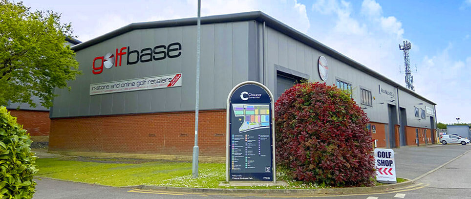 A photograph of the exterior of Golfbase's building on the Chaucer Business Park in Polegate, East Sussex