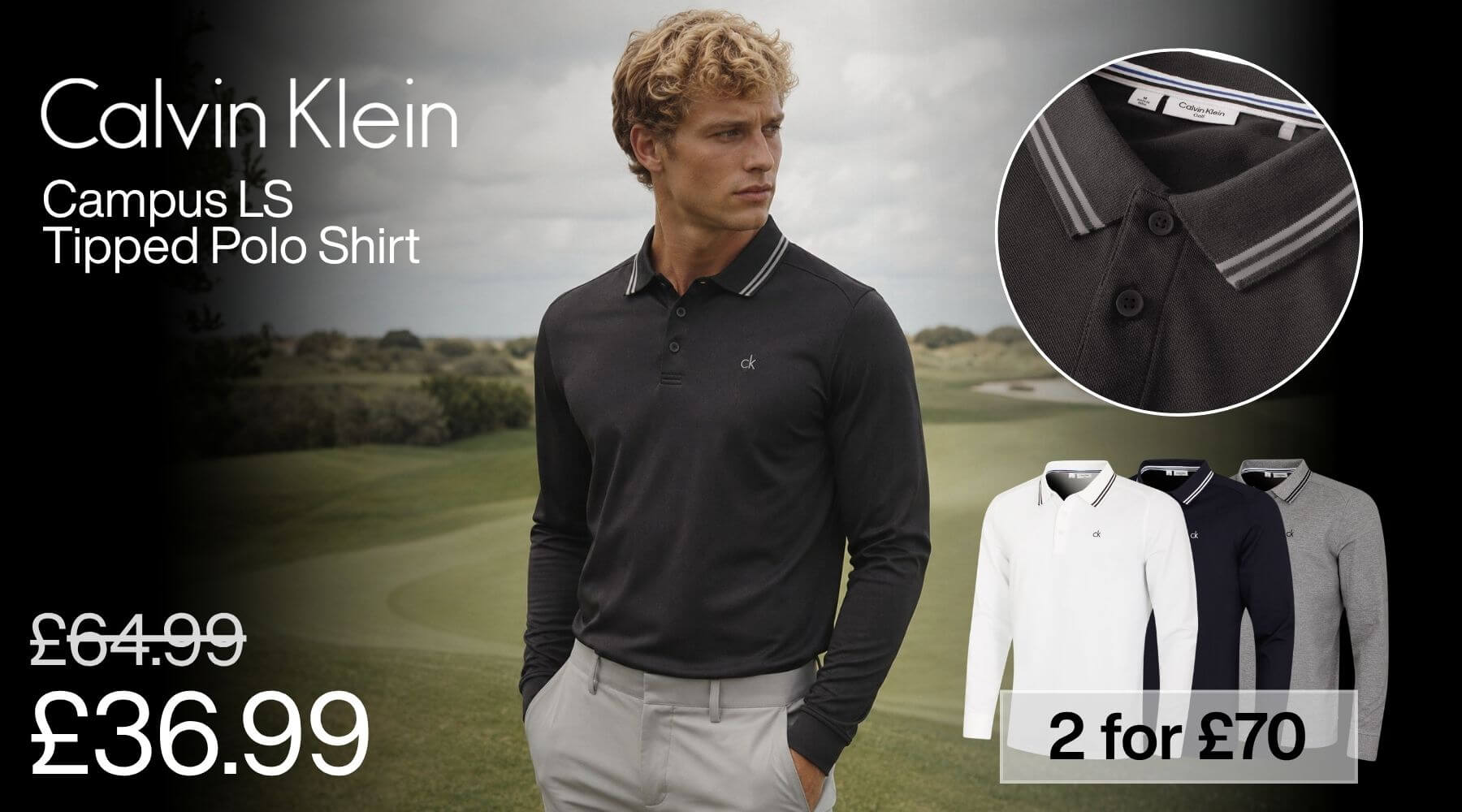 Calvin Klein Mens Campus Long Sleeve Stretch Tipped Polo Shirt