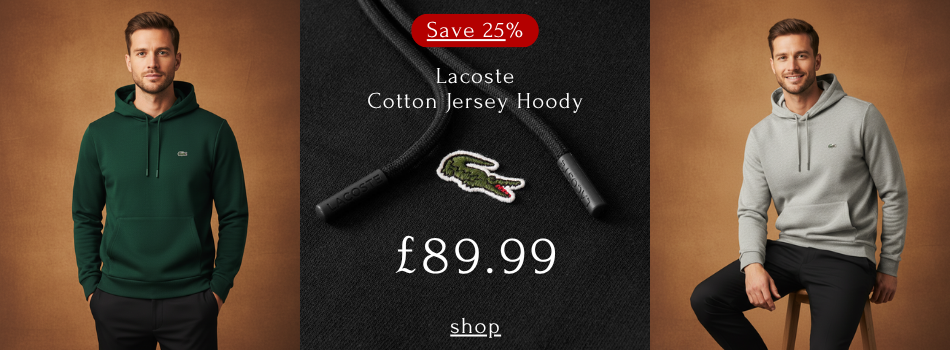 Lacoste Mens 2025 Recycled Brushed Fleece Classic Cotton Jersey Hoody model shot banner