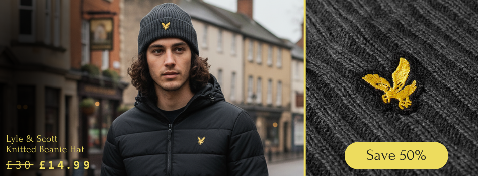 Lyle & Scott Mens Knitted Ribbed Classic Cosy Warm Winter Beanie Hat model shot banner