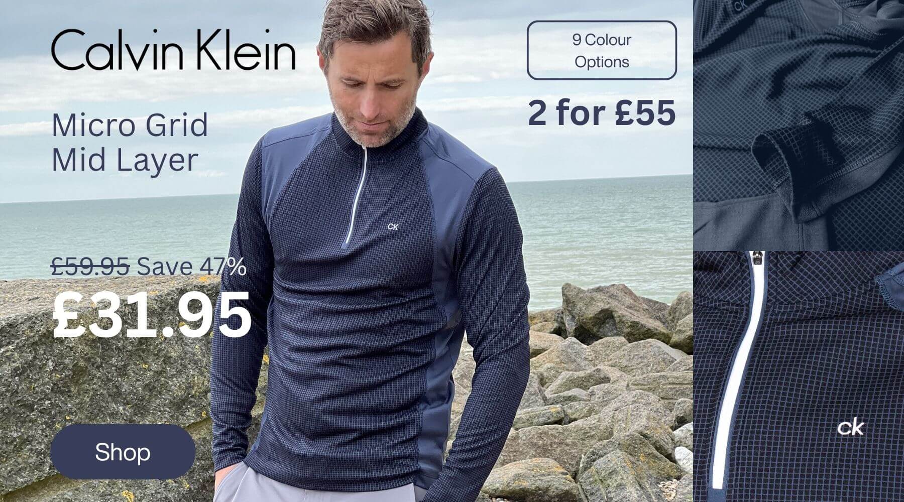 Calvin Klein Mens 2026 Micro Grid CK 1/2 Zip Mid Layer Baselayer