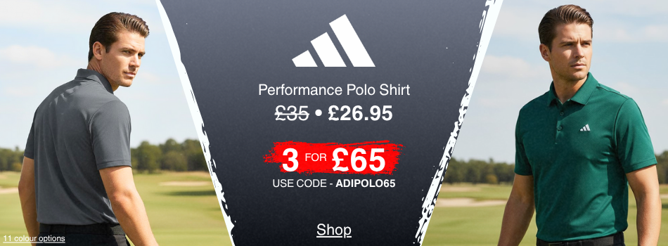  Image banner for an adidas Performance Polo Shirt offer, showing a man in a dark grey polo and a man in a green polo, with text advertising a price of £26.95 and an offer of "3 FOR £65".