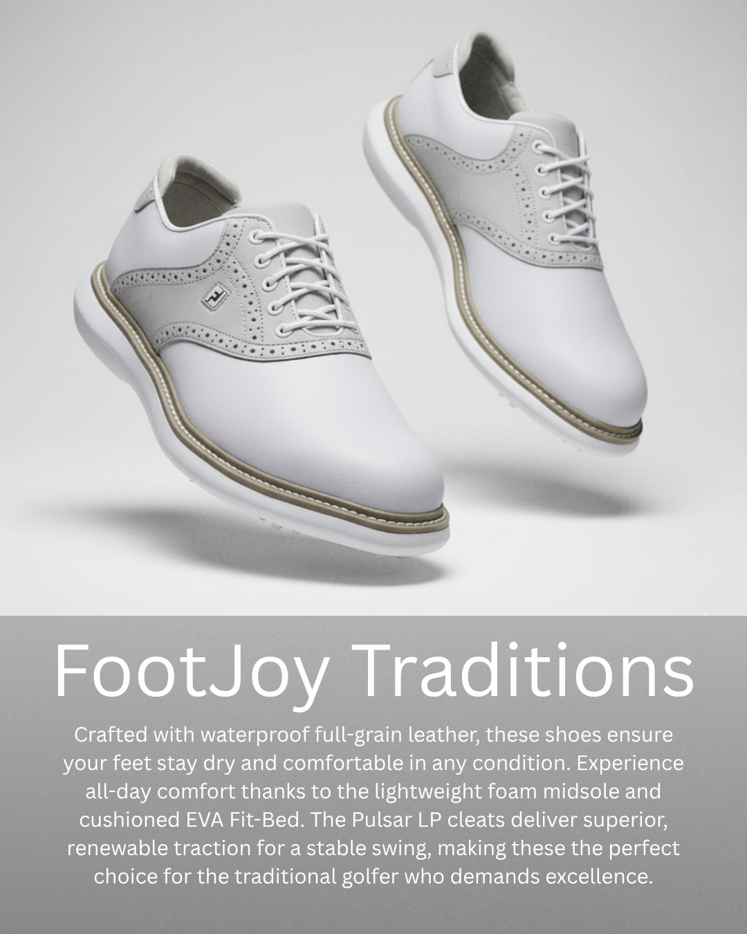 Footjoy Mens FJ Traditions Waterproof Full Grain Leather Spiked Golf Shoes floating at different heights with shadow on a light grey background.