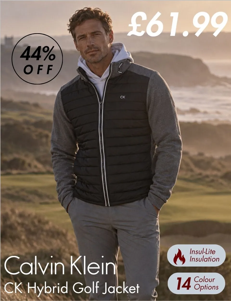 Calvin Klein Mens 2026 CK Hybrid Insulate Lightweight Golf Jacket