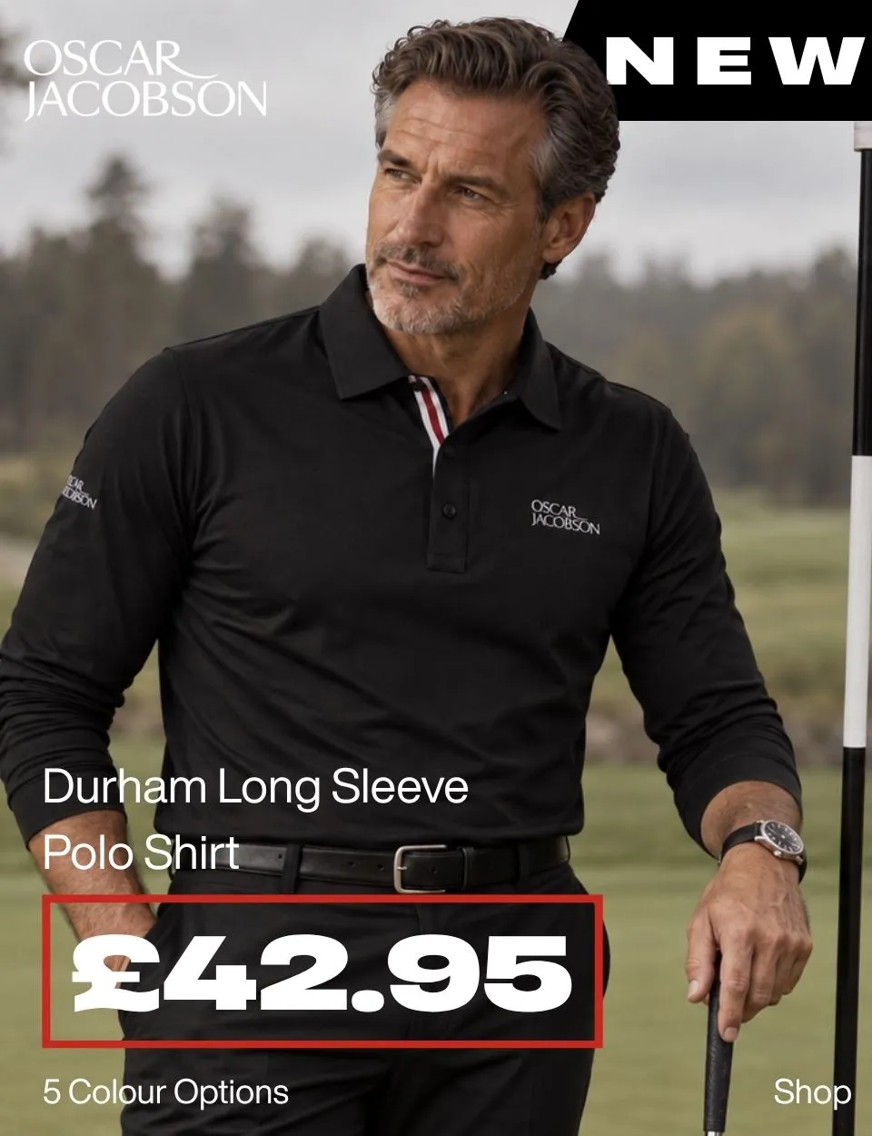 Oscar Jacobson Mens Durham Long Sleeve Stretch Golf Polo Shirt